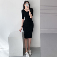 SKYHEART韓版秋綠色復古v領(lǐng)薄款針織連衣裙短袖舒適修身顯瘦顯高腰包臀裙 黑色 均碼