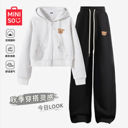 名創(chuàng)優(yōu)品（MINISO）春秋季套裝女休閑運動潮流女裝連帽開衫衛(wèi)衣闊腿褲兩件套韓系穿搭 【春秋款】花灰(m吃驚熊)+黑色 XL (推薦體重130-150斤)