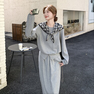 桂雪格灰色休閑運動(dòng)套裝女秋2025新款韓版長(cháng)袖套頭上衣過(guò)膝半身裙兩件套 灰色套裝新面料升級版 M （105-115斤）