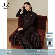 玖姿·安娜蔻秋冬曠野美拉德羊毛假兩件壓褶針織連衣裙女冬款 深咖啡-JTED31404 XL