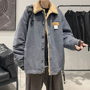 POUM外套男夾克春秋季羊羔毛加絨加厚潮牌棉襖子燈芯絨晉江棉服上衣服 LTT-7862灰色 XL
