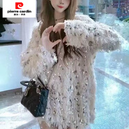 皮爾卡丹（pierre cardin）網(wǎng)紅毛毛流蘇重工閃閃亮片毛衣裙女2025年秋冬新款法式連衣裙 米色 M