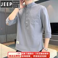 JEEP SPIRIT/吉普夏季男士七分袖棉T恤潮流韓版立領(lǐng)套頭男裝袖亞麻T恤上 DC605灰色 3XL