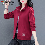 啄木鳥(niǎo)短外套女春秋季新款休閑寬松修身女裝高檔女士衛衣短款針織夾克 棗紅 XL（推薦110-125斤）