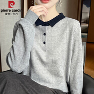 皮爾卡丹羊毛針織T恤衫女秋冬上衣翻領(lǐng)寬松薄款娃娃領(lǐng)毛衣女套頭打底衫女 灰色 M (90-105斤)