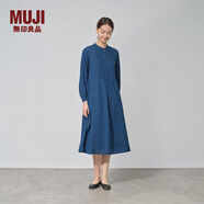 無印良品（MUJI）女式 棉 靛藍染色 長袖連衣裙女裝長裙子 春季純棉連身裙BC2JVA4A 藏青色 L (165/88A)