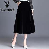 花花公子（PLAYBOY）黑色金絲絨半身裙女2025春秋新款中長(zhǎng)款高腰A字裙大擺蓬蓬裙 黑色 【有口袋】 M 2尺