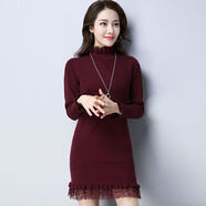 夏典素訂女王（SE.PSTP）秋冬款2025新款修身中長(cháng)款毛衣蕾絲下擺女韓版加厚百搭針織連衣裙 8844#酒紅色 M 建議90-105斤穿