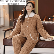 維多利亞的格調2025冬季加厚法蘭絨睡衣女三層夾棉保暖珊瑚絨家居服可外穿 咖啡色提花絨 XL 110-130斤