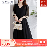 ZXEGI黑色拼接真絲裙子夏季新款時尚V領(lǐng)顯瘦重磅100%桑蠶絲連衣裙氣質(zhì) 黑花 XL