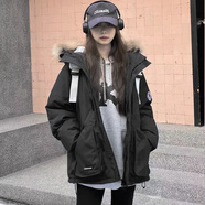 法蘿迪短外套女春秋季女裝新款韓版寬松學(xué)生棉衣工裝棉襖子bf短款棉服 黑色 S