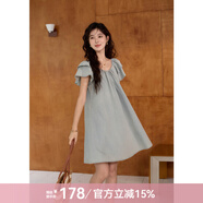 謎秀2025春季新款收腰純色露背飛飛袖牛仔連衣裙 復(fù)古藍(lán) M