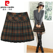 皮爾卡丹（pierre cardin）毛呢半身裙秋冬新款2025百搭高腰百褶裙時(shí)尚修身格子短裙蓬蓬裙女 綠格 S (腰圍1尺9)