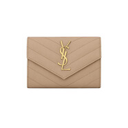 Saint Laurent/圣羅蘭 女士深米色粒紋壓花皮革翻蓋按扣開(kāi)合信封式錢(qián)包 深米色