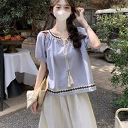 綴櫻民族風(fēng)棉麻短袖上衣女夏多巴胺套裝法式獨特大碼胖MM200斤倆件套 藍色【單件棉麻上衣】 M 85斤-100斤