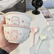 曇蓓漫新款飯碗卡通家用陶瓷餐具可愛(ài)高顏值情侶款單人碗勺整套ins 兔兔 我們是情侶【熊熊兔兔和勺子】