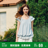 森馬（Semir）短袖襯衫女短款U領拼接波點繡花2025夏飛袖花苞上衣107425104060