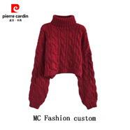 皮爾卡丹（pierre cardin）品牌折扣高領(lǐng)套頭短款麻花毛衣女秋冬新款慵懶風(fēng)寬松加厚針織外穿 紅色 S 90-105斤