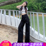 歐貝汐美式高街闊腿工裝褲女2025秋季新款高腰寬松多口袋直筒拖地褲 黑色長(cháng)褲 M