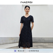 娜爾思（NAERSI）貴夫人金線(xiàn)疊透v領(lǐng)蕾絲新中式短袖連衣裙夏新款 暗青紫色-NF05391Q7 M