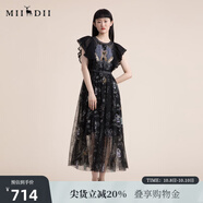 謎底仙女裙2022夏季飛飛袖質(zhì)感收腰顯瘦蕾絲連衣裙222GL0504 黑色花 L