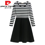皮爾卡丹（pierre cardin）春秋長袖條紋連衣裙秋冬小個子中長款打底韓版修身顯瘦女裝黑色 條紋拼黑色裙 春秋薄款有彈力今年流行的輕奢品牌 M 70-100斤