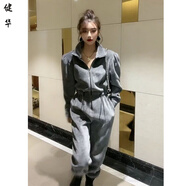茵侈網(wǎng)紅同款連體褲套裝減齡秋冬高領(lǐng)燈芯絨加厚工裝收腳褲連衣褲 灰色 L 建議85-105斤
