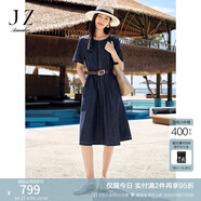 玖姿·安娜蔻【明星同款】慵懶松弛感萊賽爾亞麻牛仔收腰連衣裙女2025夏季新款 丈青-第二批 2XL