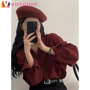 VOYDOVE法式復古紅色襯衫女春秋小個(gè)子休閑寬松襯衣內搭疊穿翻領(lǐng)雪紡上衣 酒紅色【z】 M 105-115斤