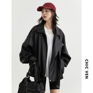 CHIC VEN2025秋季新款重工復古立領(lǐng)機車(chē)皮衣外套女PU夾克上衣女裝chicven 經(jīng)典黑【夾棉】 S