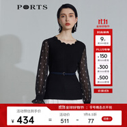 PORTS寶姿商場同款新品女裝甜美復古雪紡拼接針織衫 黑色 S