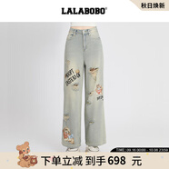 拉拉波波【商場同款】LALABOBO25年牛仔褲夏新款女原創(chuàng)潮破洞直筒印花褲子 中藍(lán)白 24