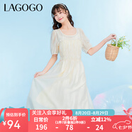 lagogo拉谷谷米色氣質(zhì)U型領(lǐng)甜美泡泡袖夏季新款小眾設(shè)計(jì)連衣裙女 米色（T2） S 155/36