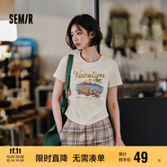 森馬（Semir）短袖T恤女短款設(shè)計(jì)感印花復(fù)古夏季正肩修身上衣107424100004