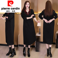 皮爾卡丹（pierre cardin）假兩件連帽休閑連衣裙女時(shí)尚減齡大碼打底裙子秋裝胖MM遮肚衛(wèi)衣裙 黑色 L 建議90-115斤