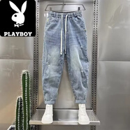花花公子（PLAYBOY）抽繩九分小腳蘿卜牛仔褲男顯瘦哈倫彈力寬松垮褲大碼破洞韓版春秋 藍灰色 XL