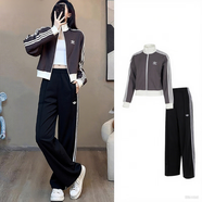 阿迪達斯（adidas）三葉草立領(lǐng)外套女款套裝2025秋季時尚休閑立領(lǐng)外套直筒褲 針織套裝/炭灰色/三葉草/主圖款 S A