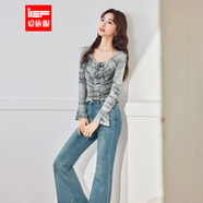 IEF/愛依服2025秋季新款美式純欲辣妹氣質(zhì)褶皺設(shè)計感修身百搭上衣 灰 S