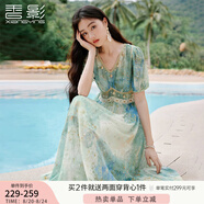 香影海邊度假暈染連衣裙女2025夏季新款民族風(fēng)波西米亞v領(lǐng)雪紡裙 綠花 連衣裙  XL 170/92A/125-140斤