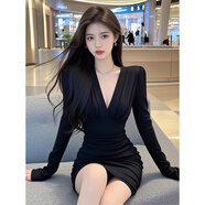 尤柯鳥(niǎo)（yoekbird）v領(lǐng)包臀連衣裙春裝女款2025年新款今年流行超火黑色性感裙子 黑色【出席重要場(chǎng)合的穿搭/春裝 S 【75-95斤】