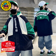 G.DUCKKIDS小黃鴨男童外套春秋季新款洋氣兒童沖鋒衣中大童男孩秋裝連帽風(fēng)衣 拼色字母綠色 160 尺碼13~14歲【150-160cm】