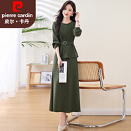 皮爾卡丹小香風(fēng)長(cháng)袖連衣裙女套裝2026秋季新款韓版氣質(zhì)收腰半身裙兩件套裙 松石綠色 M