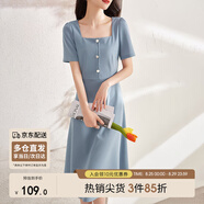 尚都比拉短袖連衣裙女夏季復(fù)古赫本風(fēng)氣質(zhì)通勤裙子中長款A(yù)字裙 灰藍(lán)色 XL