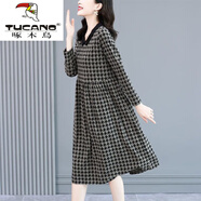 啄木鳥(niǎo)（TUCANO）春秋季連衣裙女裝2025新款長(cháng)袖大尺碼寬松顯瘦遮肚千鳥(niǎo)格子打底裙 D075【黑色】 L