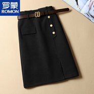 羅蒙半身裙女2025大碼春秋新款高腰包臀顯瘦開(kāi)叉一步OL工裝裙過(guò)膝中裙 8135#黑色（不送腰帶） S 26