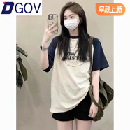 DGOV黑白撞色t恤女夏季短袖新款棉質(zhì)中長(zhǎng)款寬松歐貨體恤字母插肩上衣 撞色字母 L 建議110-125斤