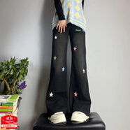 Baldauren女童褲子6-15歲小學(xué)初中生秋冬新款洋氣女孩直筒闊腿牛仔褲中大童 彩色五角星牛仔黑（春秋款 ） 150 建議身高143cm左右