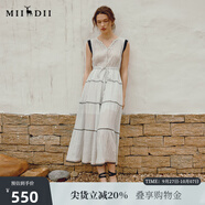 謎底條紋連衣裙女夏季新品優(yōu)雅淑女V領荷葉袖長裙242ML0669 本白條 M