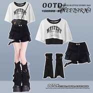 vnxifm酷颯拽姐工裝套裝痞帥風(fēng)搭配一整套夏裝小個(gè)子辣妹牛仔短褲三件套 白色兩件套+黑色短褲+黑色腿套 S