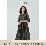 EIN言文藝滿(mǎn)天星繡花拼接鏤空蕾絲花邊立領(lǐng)棉連衣裙秋新款 石墨黑 S